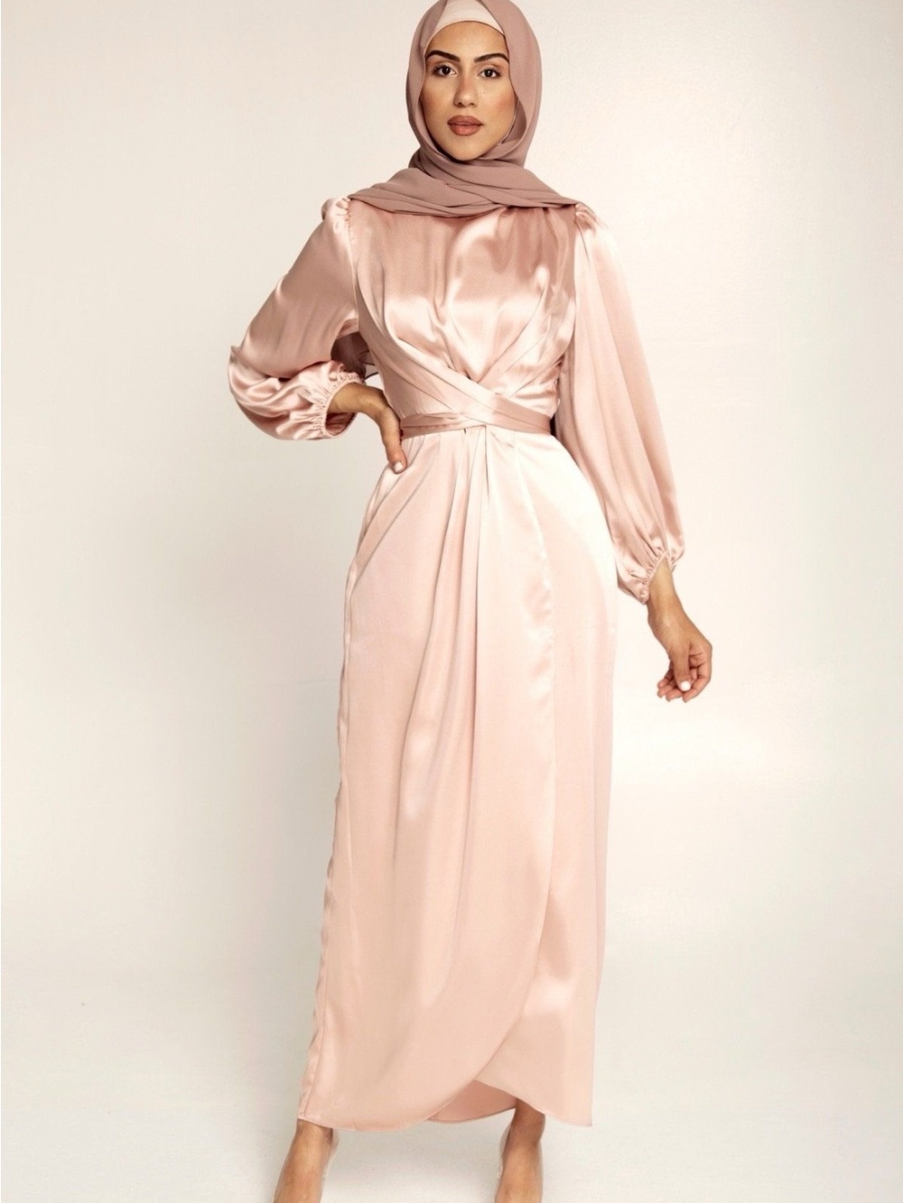 BNWT S Tall Satin Wrap long sleeve Maxi Dress in Blush